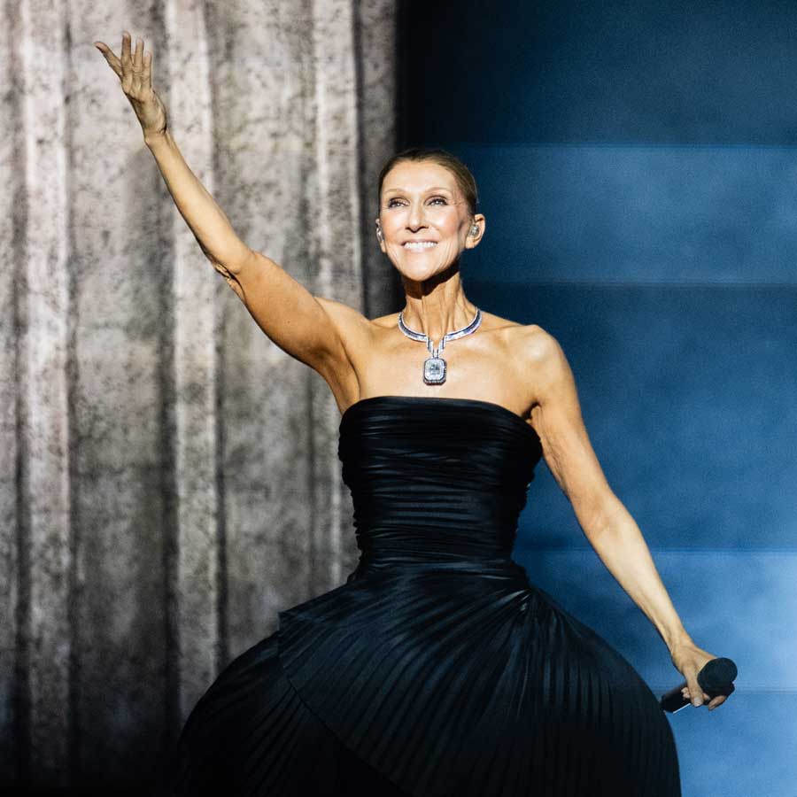 Céline Dion smiles on stage in a strapless black gown, one arm raised, a diamond necklace at her throat