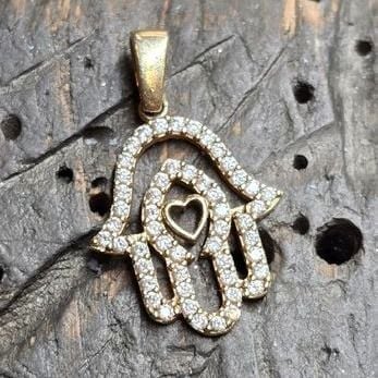 Hamsa Fatimas Hand Anhänger mit Zirkonen Gold 585 — necklaces