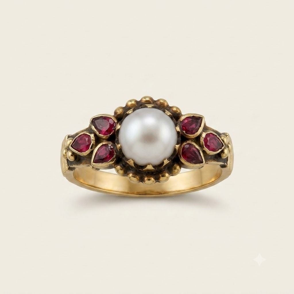 Goldring mit wunderschöner Perle sowie 6 Rubin Edelsteine — rings