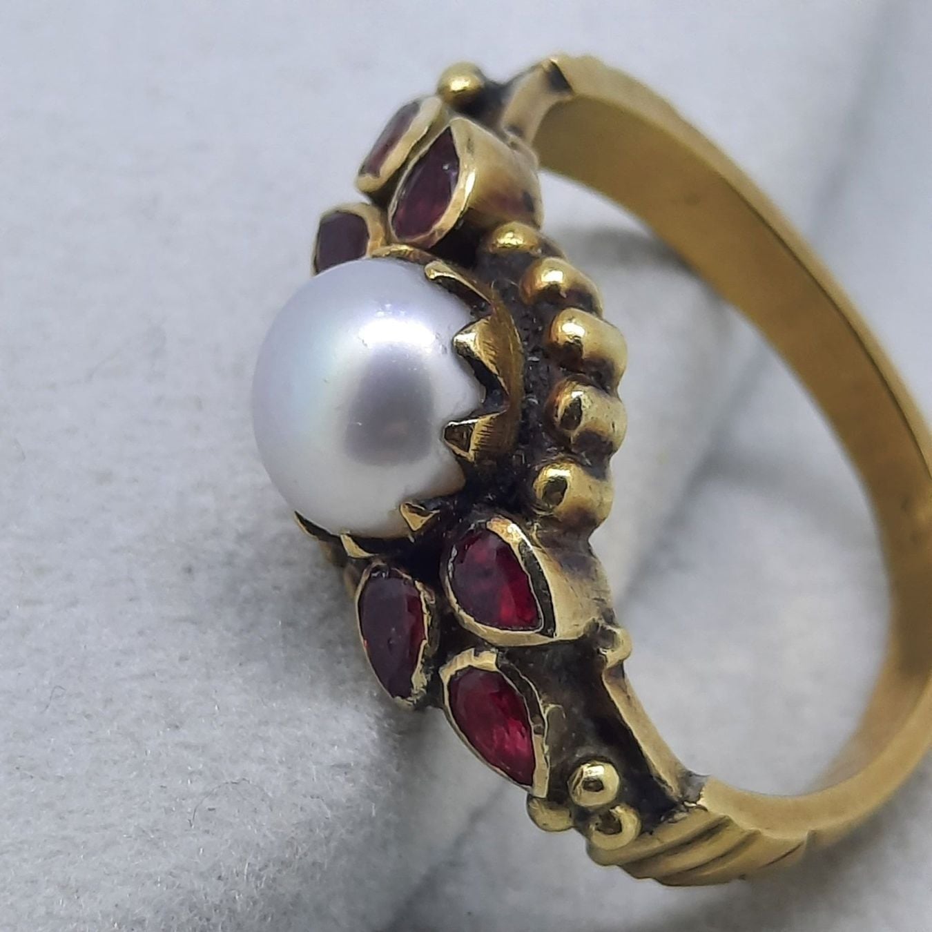 Gold Ring with Beautiful Pearl and 6 Ruby Gemstones — Good (VG) Rings
