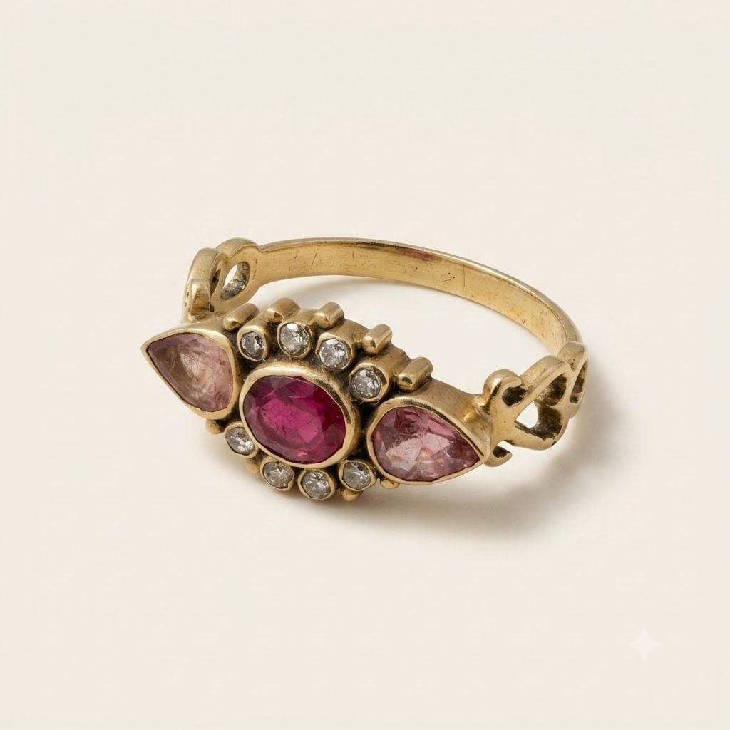 Hochwertiger Goldring mit diversen Edelsteinen — rings