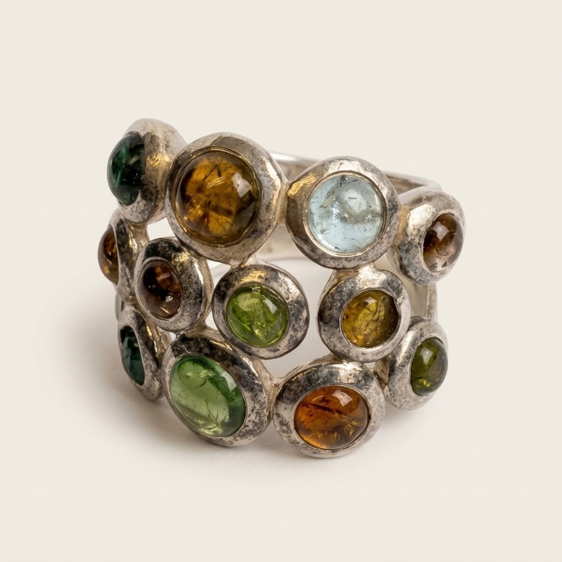 Silver Ring with Tourmaline Cabochons — Fair / poor (F) Rings