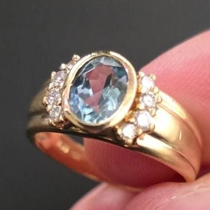 Bague aigue-marine et diamants taille brillant — Excellent (M-) Bagues