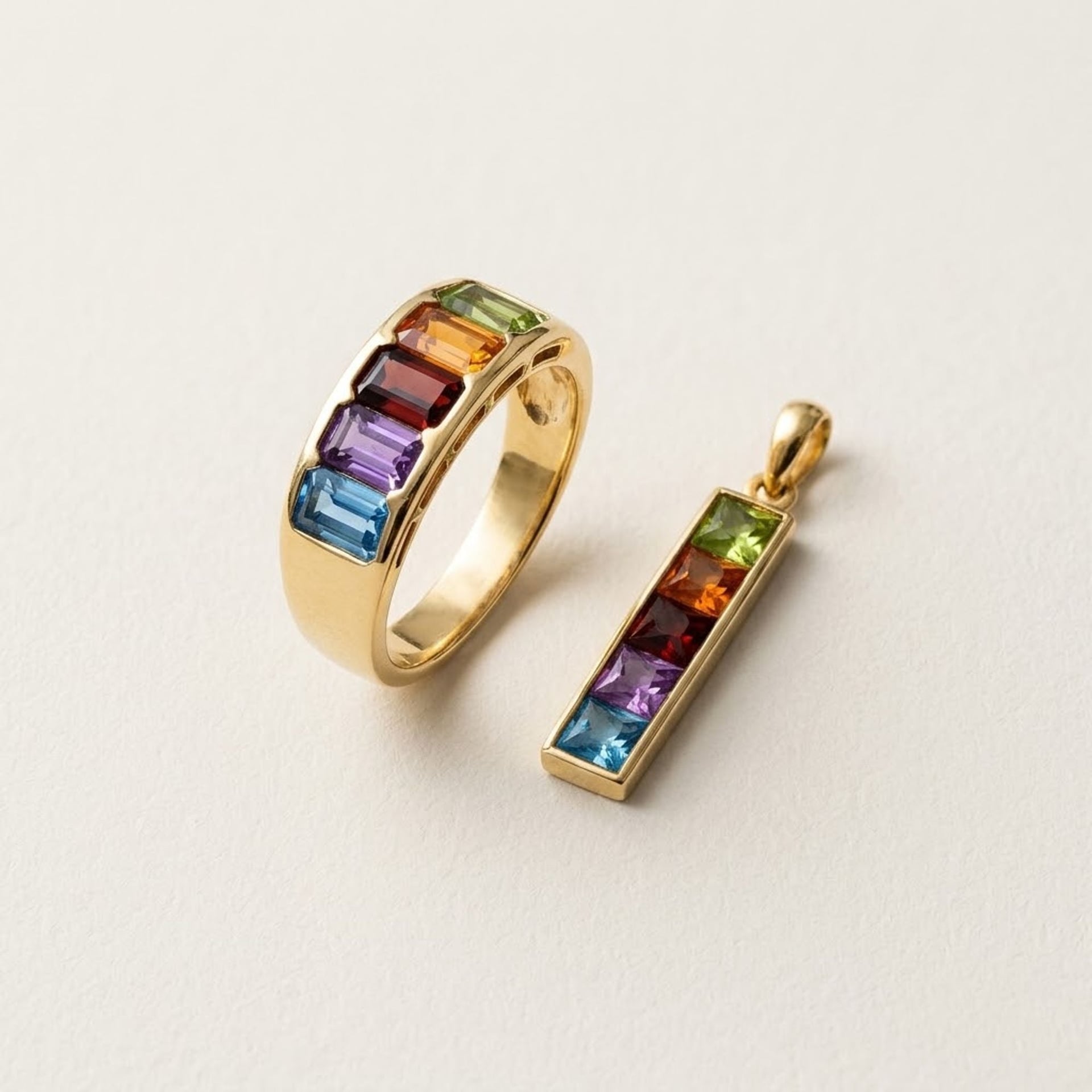 Ring and Pendant with Five Colored Gemstones — Good (VG) Rings
