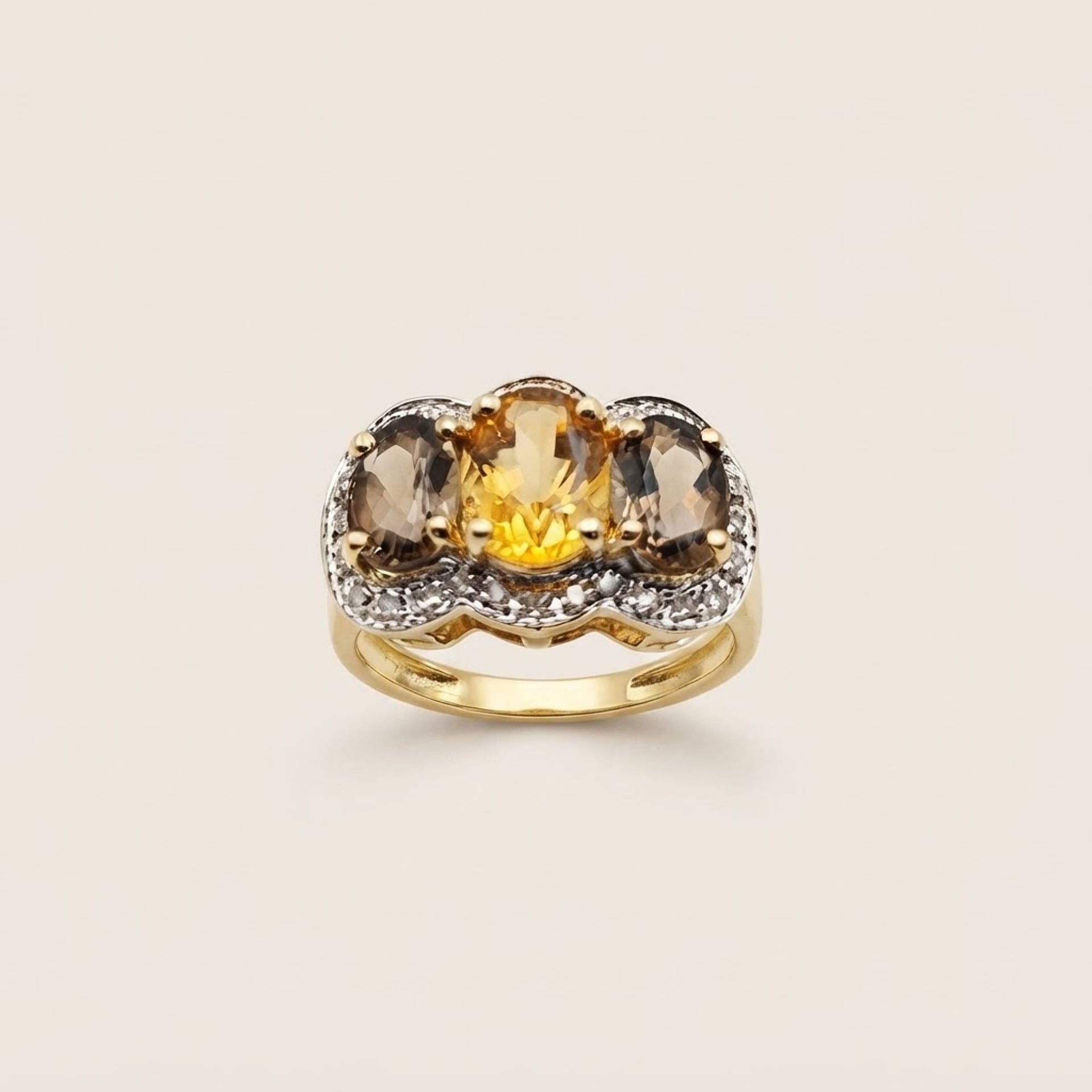 Gold Ring 585 Gold 14KT Smoky Quartz Citrine Brilliant-Cut Diamonds Size 53 — Excellent (M-) Rings