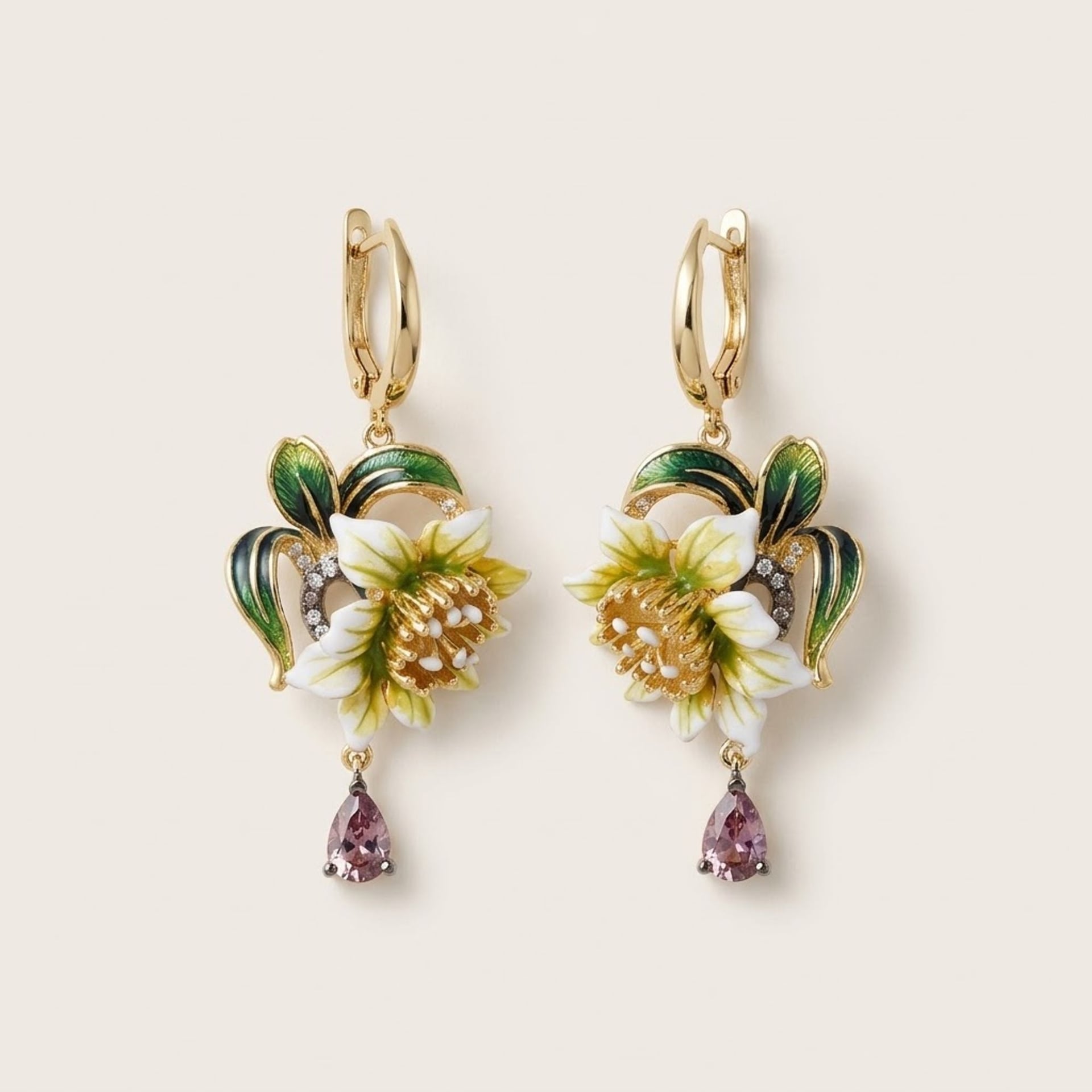Handbemalte Ohrringe, 925 Silber vergoldet — Mint (M) Pendientes