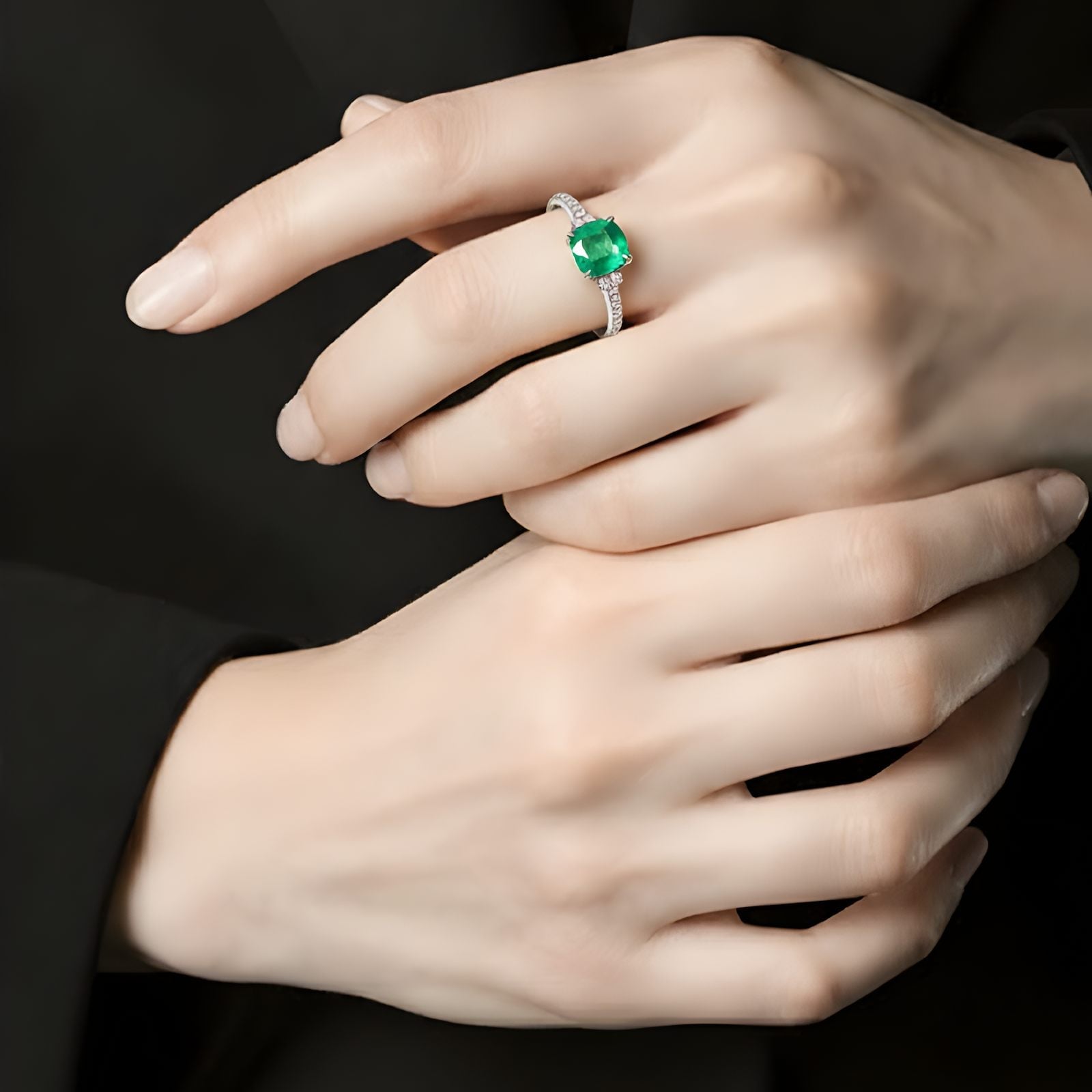Smaragd Ring 14k Weissgold, 1.08 ct mit 0.29 ct Diamanten — Neuwertig (N) Ringe