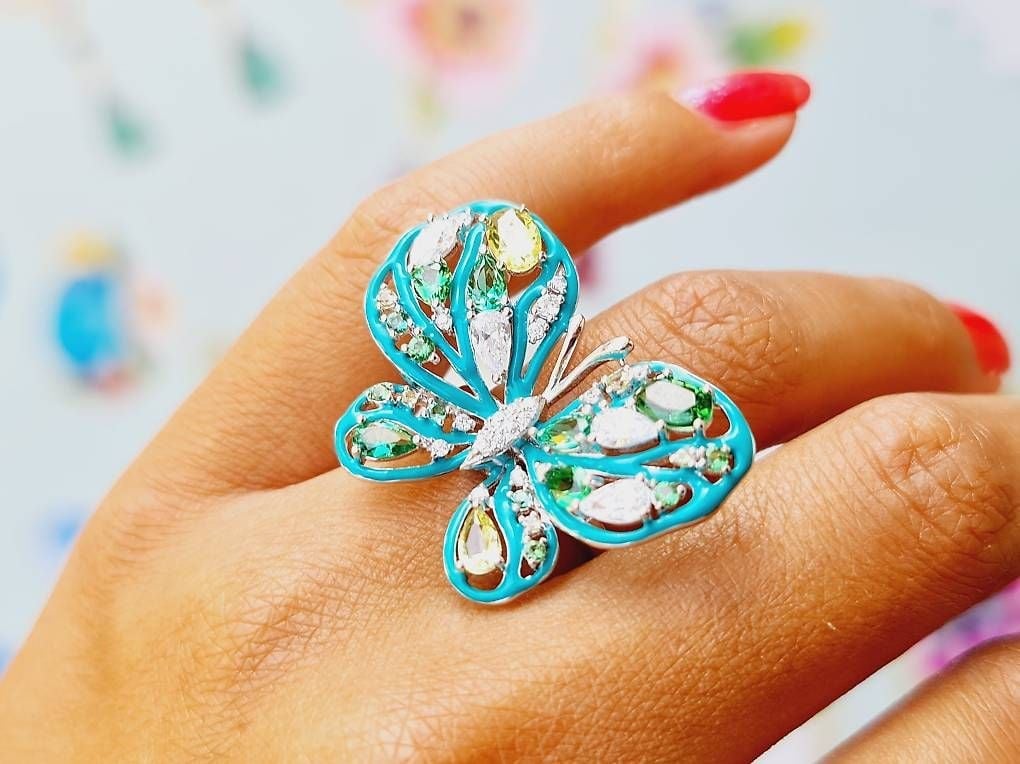 Anillo Mariposa Esmalte Zirconia Plata Talla 52 — Mint (M) Anillos
