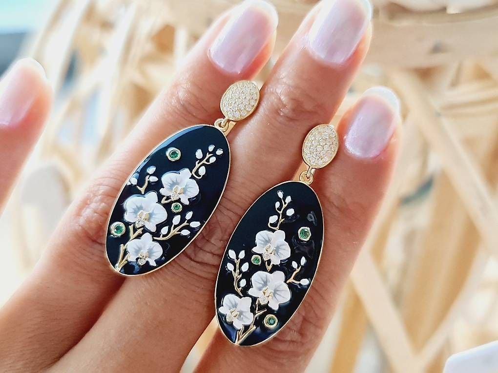 Handbemalte Blüten Ohrringe 925 Silber — Mint (M) Earrings