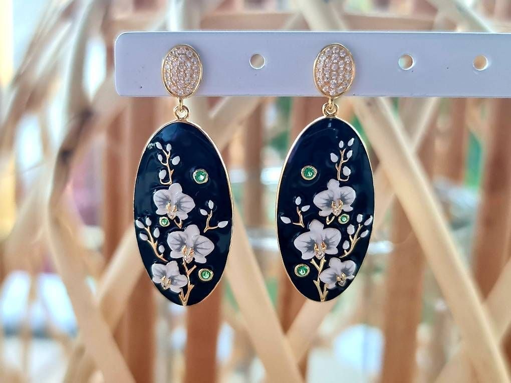 Handbemalte Blüten Ohrringe 925 Silber — Mint (M) Earrings
