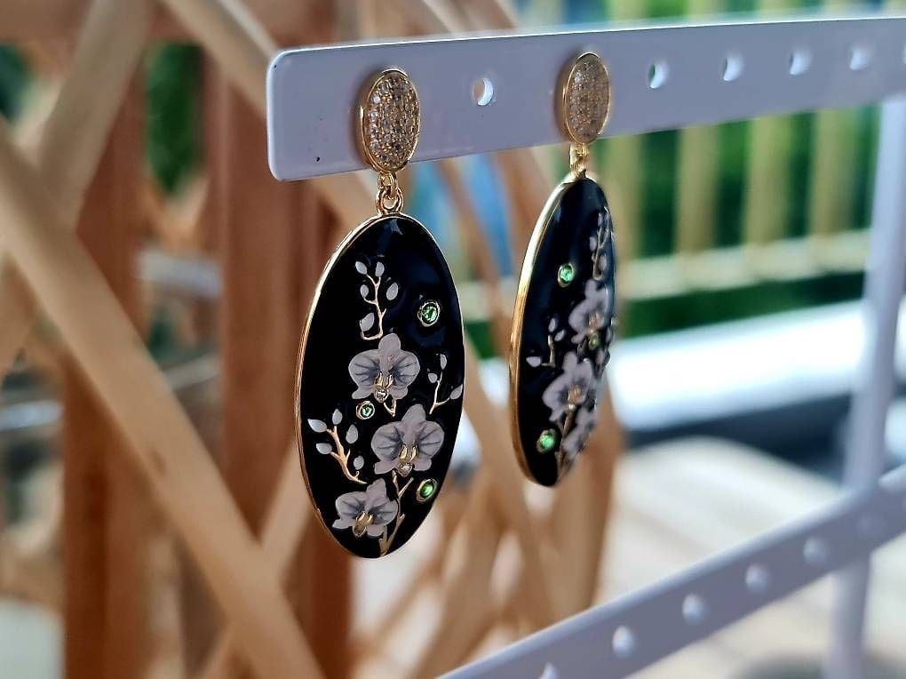 Handbemalte Blüten Ohrringe 925 Silber — Mint (M) Earrings