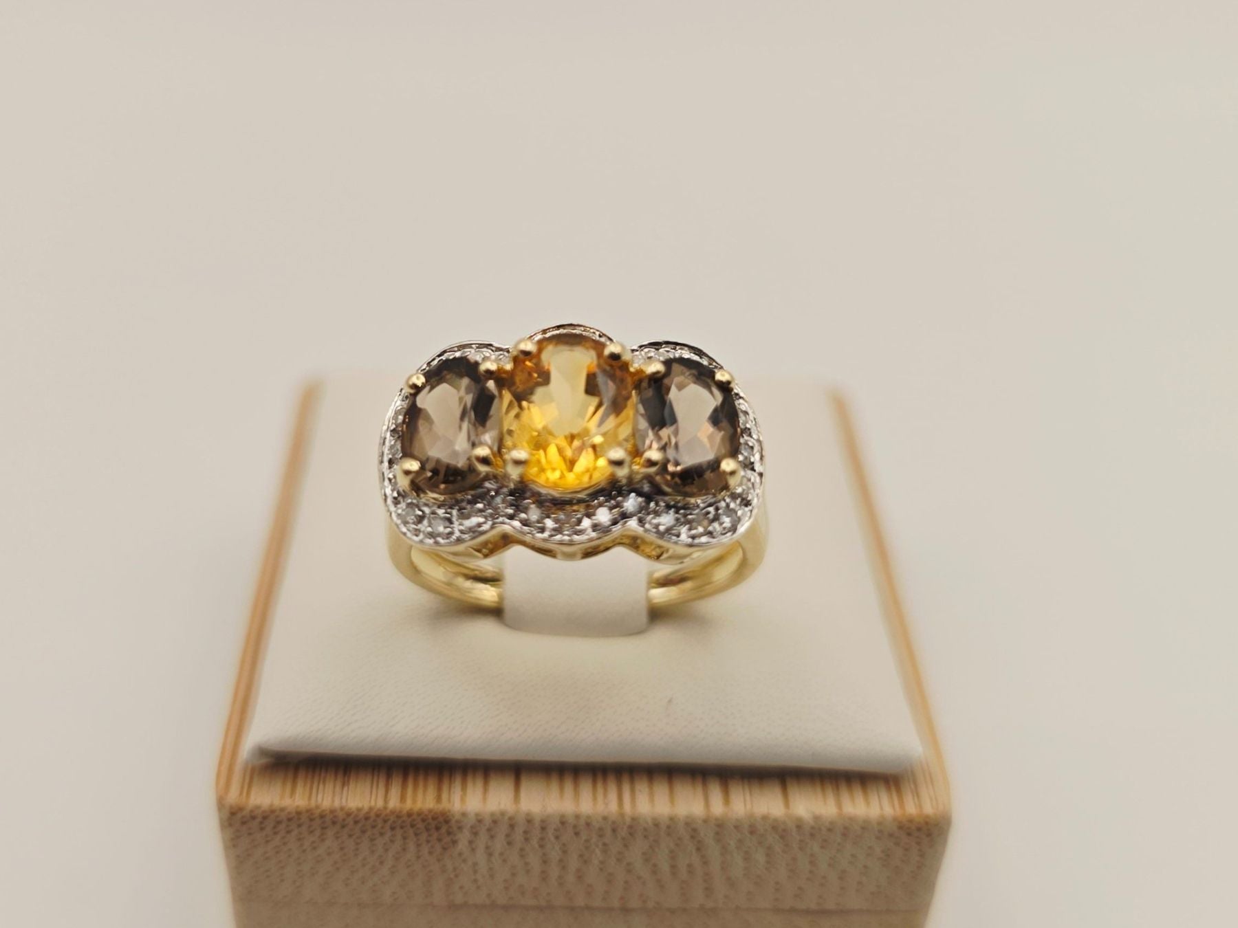 Gold Ring 585 Gold 14KT Smoky Quartz Citrine Brilliant-Cut Diamonds Size 53 — Excellent (M-) Rings