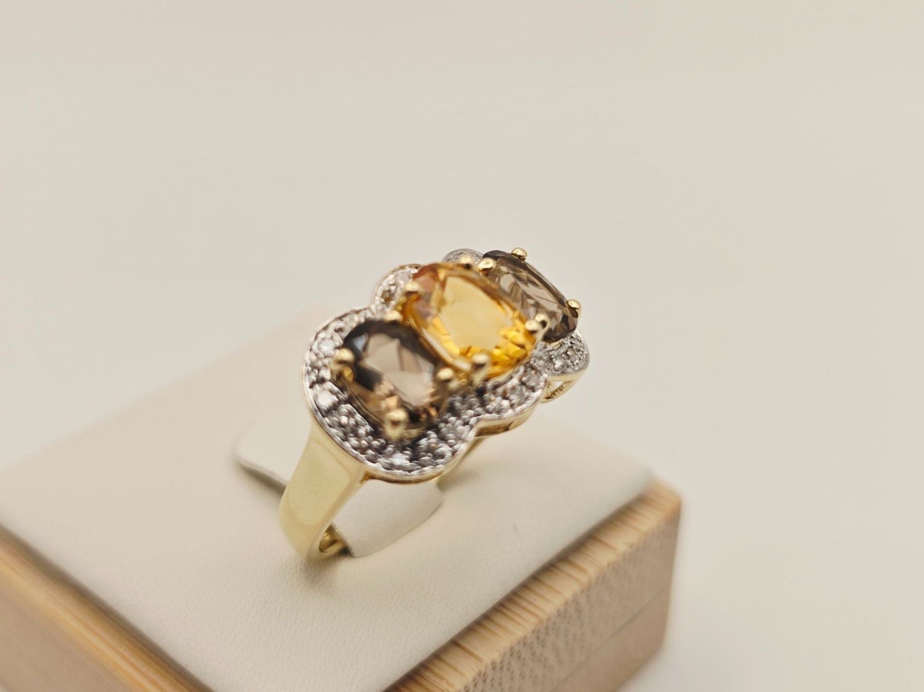 Gold Ring 585 Gold 14KT Smoky Quartz Citrine Brilliant-Cut Diamonds Size 53 — Excellent (M-) Rings