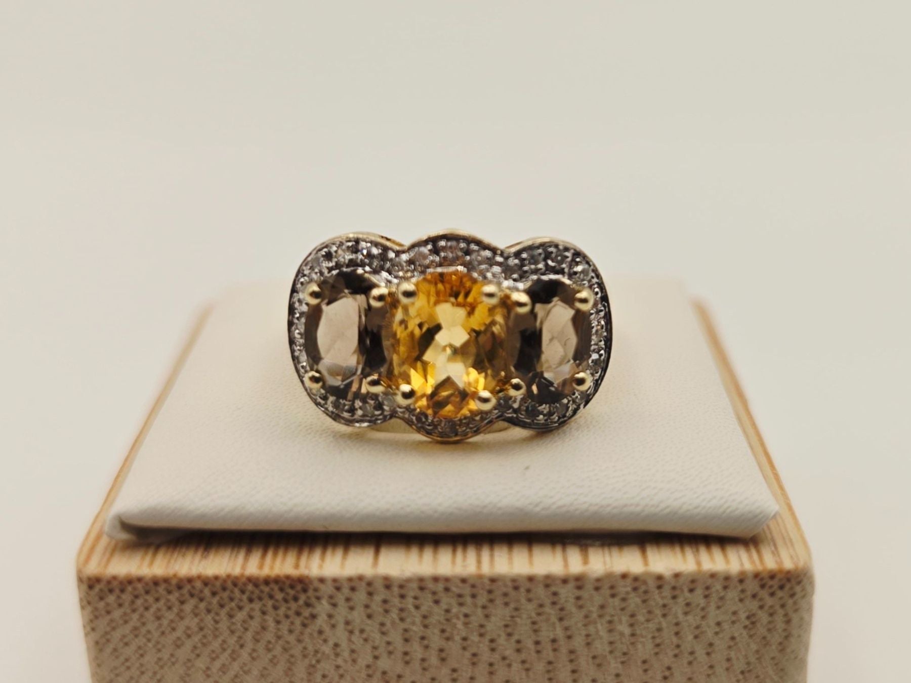 Gold Ring 585 Gold 14KT Smoky Quartz Citrine Brilliant-Cut Diamonds Size 53 — Excellent (M-) Rings