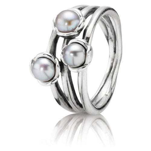 Triple Bloom Ring with Grey Pearl