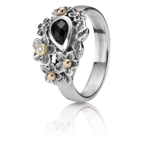 Dew Drops on Flowers Ring with Faceted Black Onyx