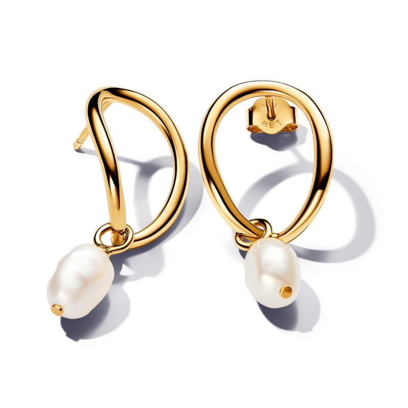 Gold Organically Shaped Circle and Baroque Pearl Earrings