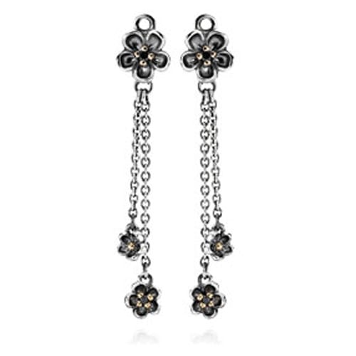 Forever Bloom with Black Spinels Dangle Earrings, Sterling Silver and 14K Gold
