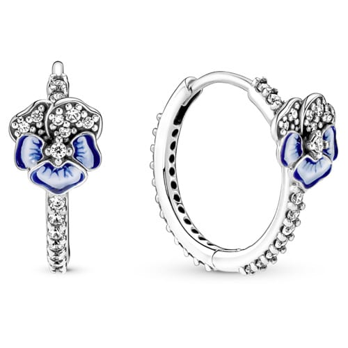 Blue Pansy Flower Hoop Earrings