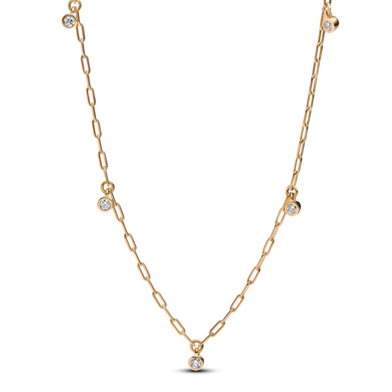Pandora Era Bezel Lab-Grown Diamond Dangle Station Paperclip Chain Necklace