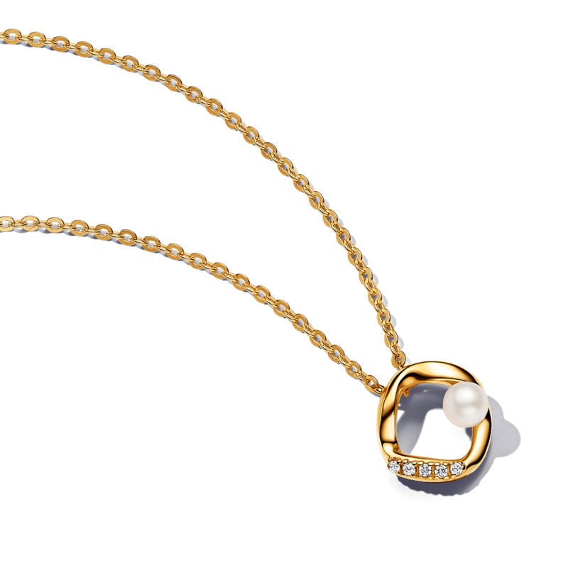 Gold Organically Shaped Pave Circle and Pearl Necklace