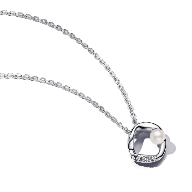 Silver Organically Shaped Pave Circle and Pearl Necklace