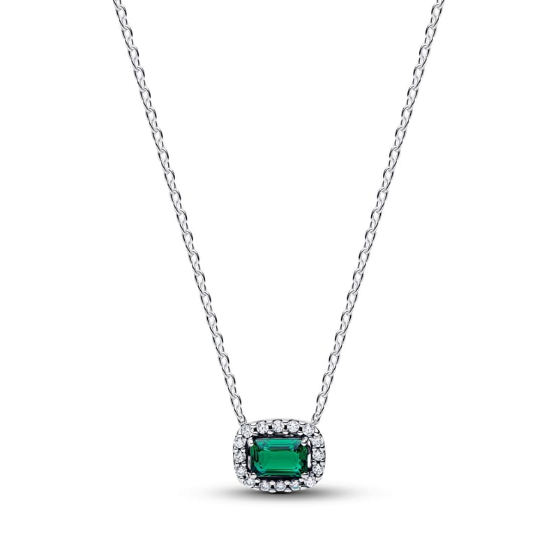 Rectangular Sparkling Green Halo Pendant Necklace