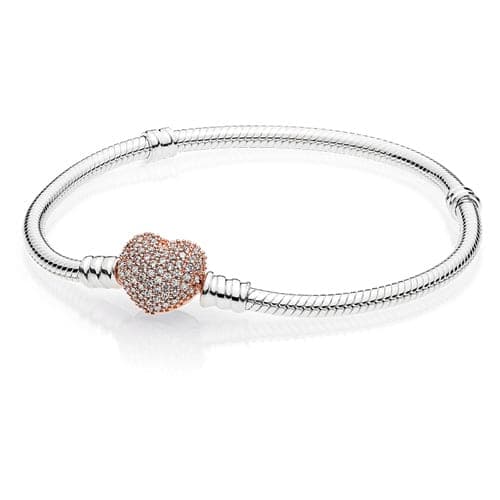 Pandora Sterling Silver Bracelet w/ Pandora Rose ™ Pave Heart Clasp 586292C 586292 — Foto 1 von 1