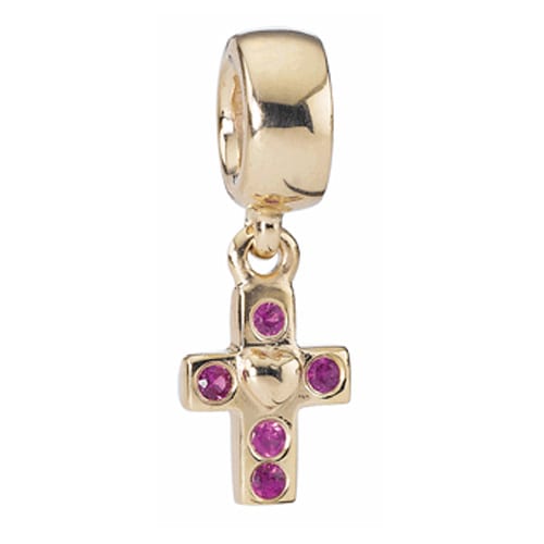 14K Gold Cross with Pink Sapphire Charm