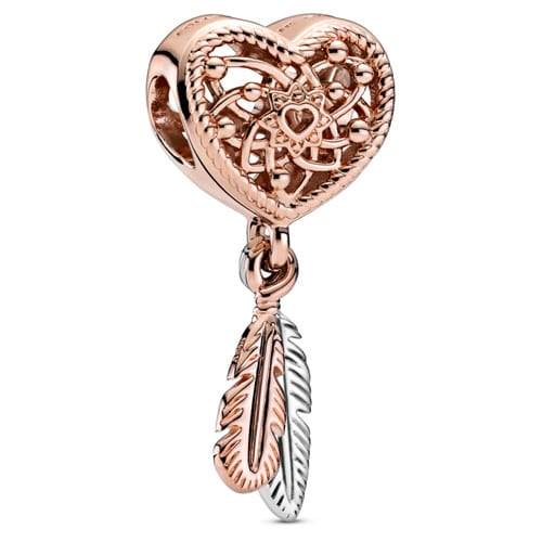 Openwork Heart Two Feathers Dreamcatcher Charm