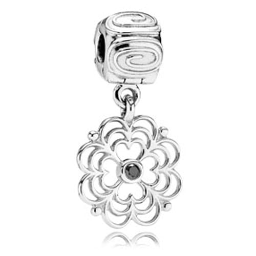 Floral openwork silver dangle with black cubic zirconia