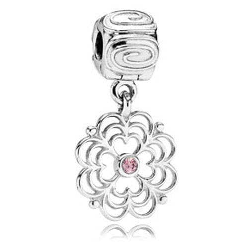 Floral openwork silver dangle with pink cubic zirconia