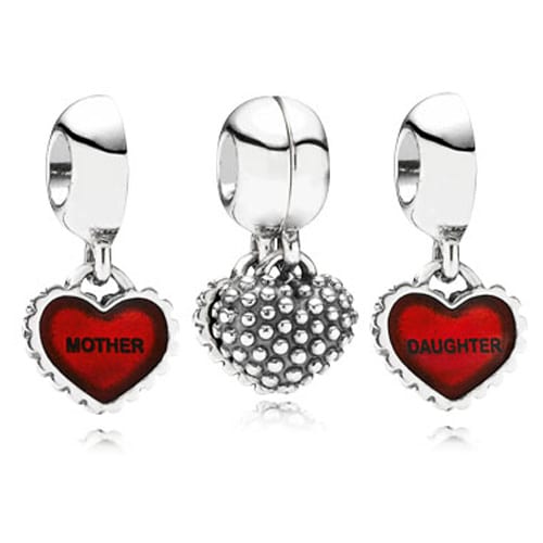 Mother & daughter heart silver charm with red enamel