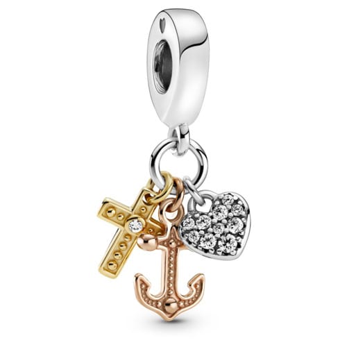 Triple Tone Cross Heart Anchor Dangle Charm