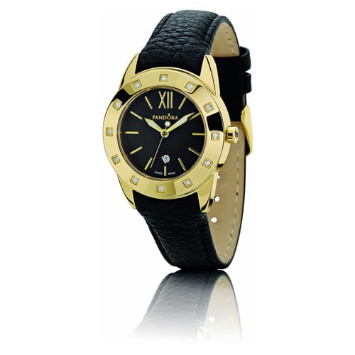 18K Gold Imagine Watch - Black Leather Band with Diamonds