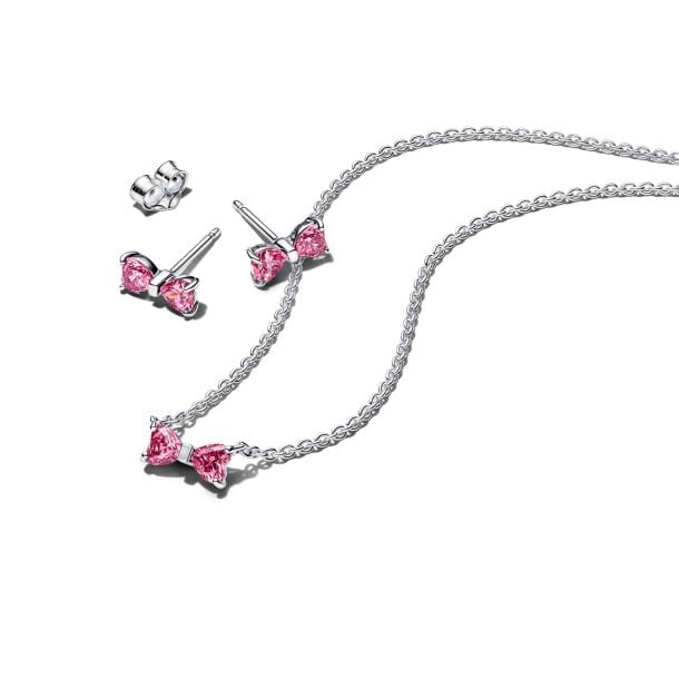 Pandora Sparkling Pink Bow Stud Earrings and Pendant Necklace Gift Set
