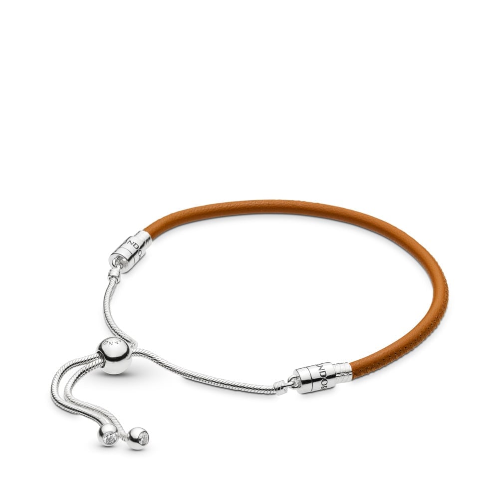 Sliding Golden Tan Leather Bracelet, Clear CZ
