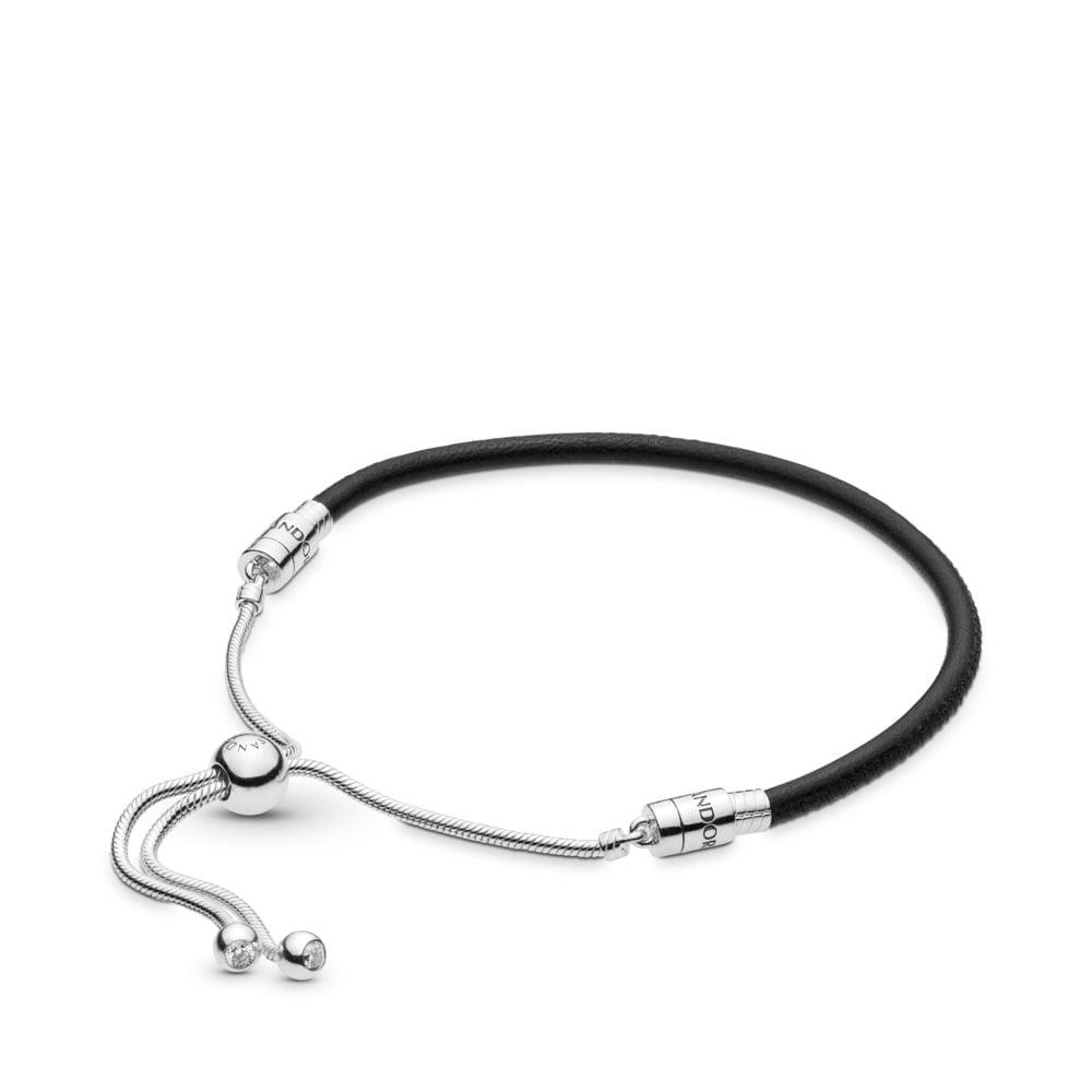 Sliding Black Leather Bracelet, Clear CZ