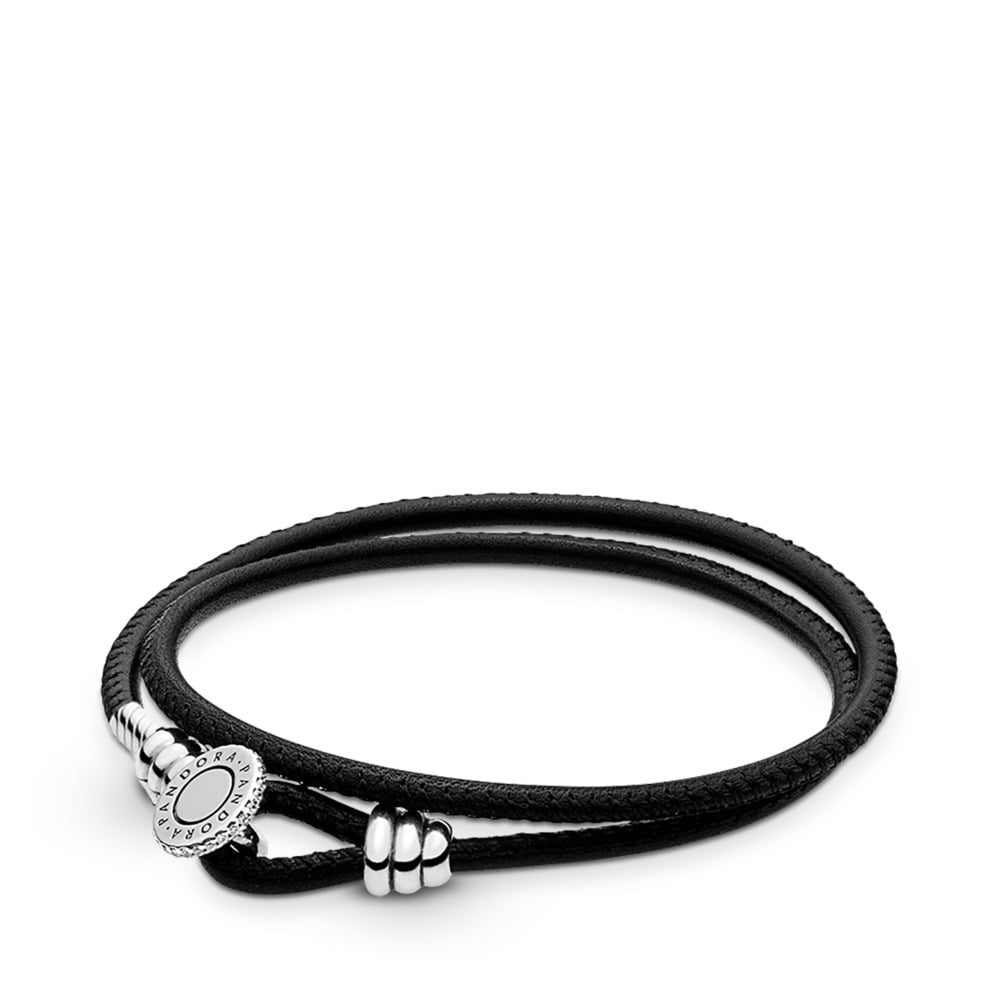 Black Double Leather Bracelet, Clear CZ