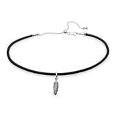 Black Leather Choker Necklace & Feather Pendant, Clear CZ
