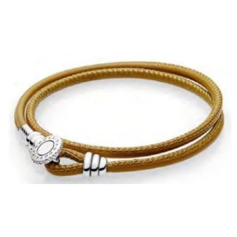 Golden Tan Double Leather Bracelet, Clear CZ