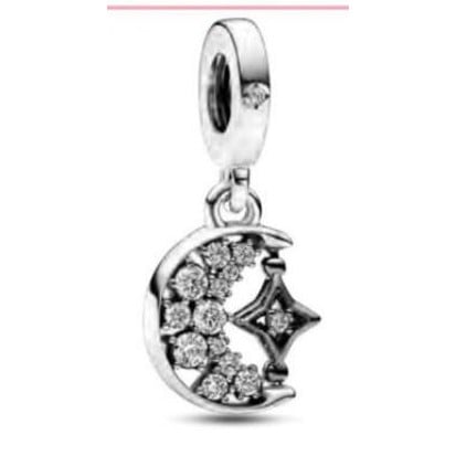 Moon and Star Sterling Silver and Ruthenium-Plated Dangle Charm with Clear Cubic Zirconia