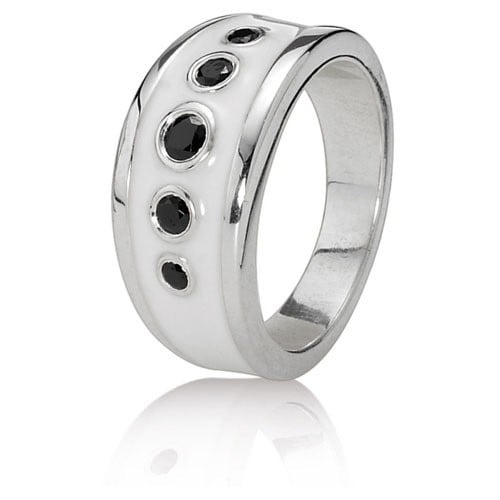Sterling Silver Ring with White Enamel and Black Zirconia