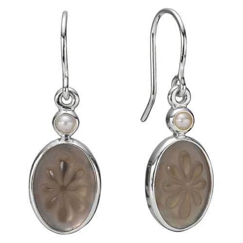 Earring, Heritage Smoked Quartz, White and Mother of Pearl