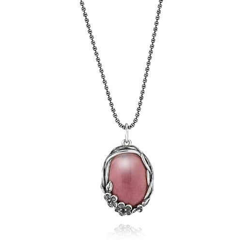 Sterling Silver Necklace with Rhodonite and Grey Crystal