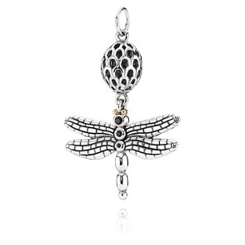 Lucky Dragonfly Pendant, Sterling Silver and 14K Gold with Black CZ
