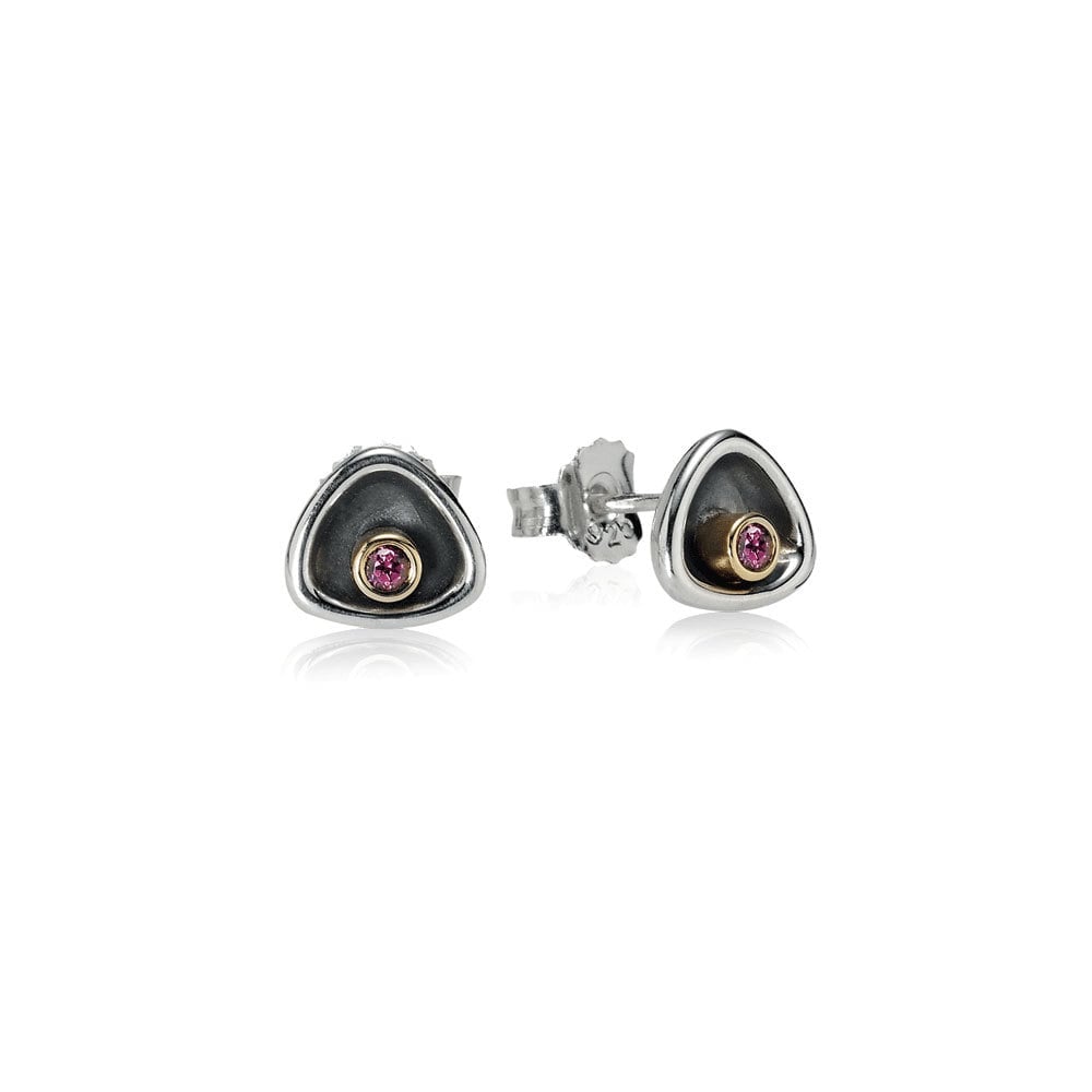Silver earring with 14carat gold, rhodolite