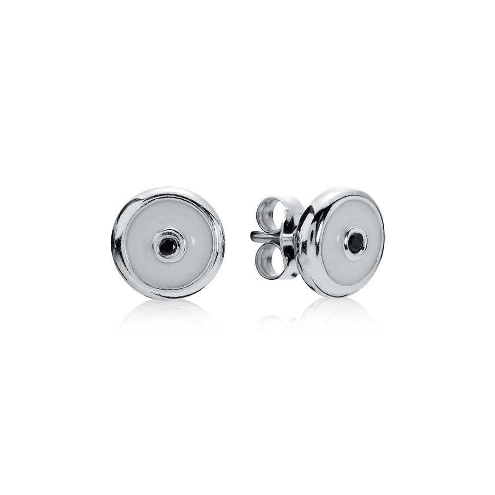 Sterling Silver Earrings with White Enamel and Black Zirconia