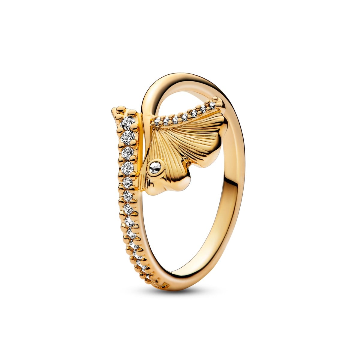 Ginkgo Leaf 14k Gold-Plated Ring with Clear Cubic Zirconia