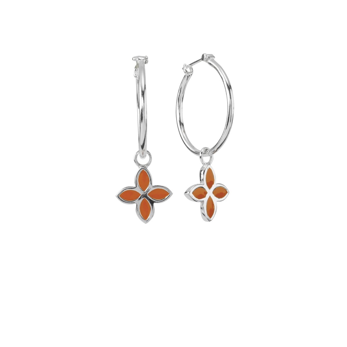 4 Petal Flower Hoop Earrings, Orange Enamel